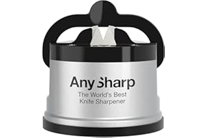 AnySharp Affilacoltelli, Sicurezza Mani Libere, Potente Suzione PowerGrip, Affila Sicuramente Tutti i Coltelli da Cucina, Ideale per Acciaio Temperato e Dentati, Il Migliore del Mondo, Argento