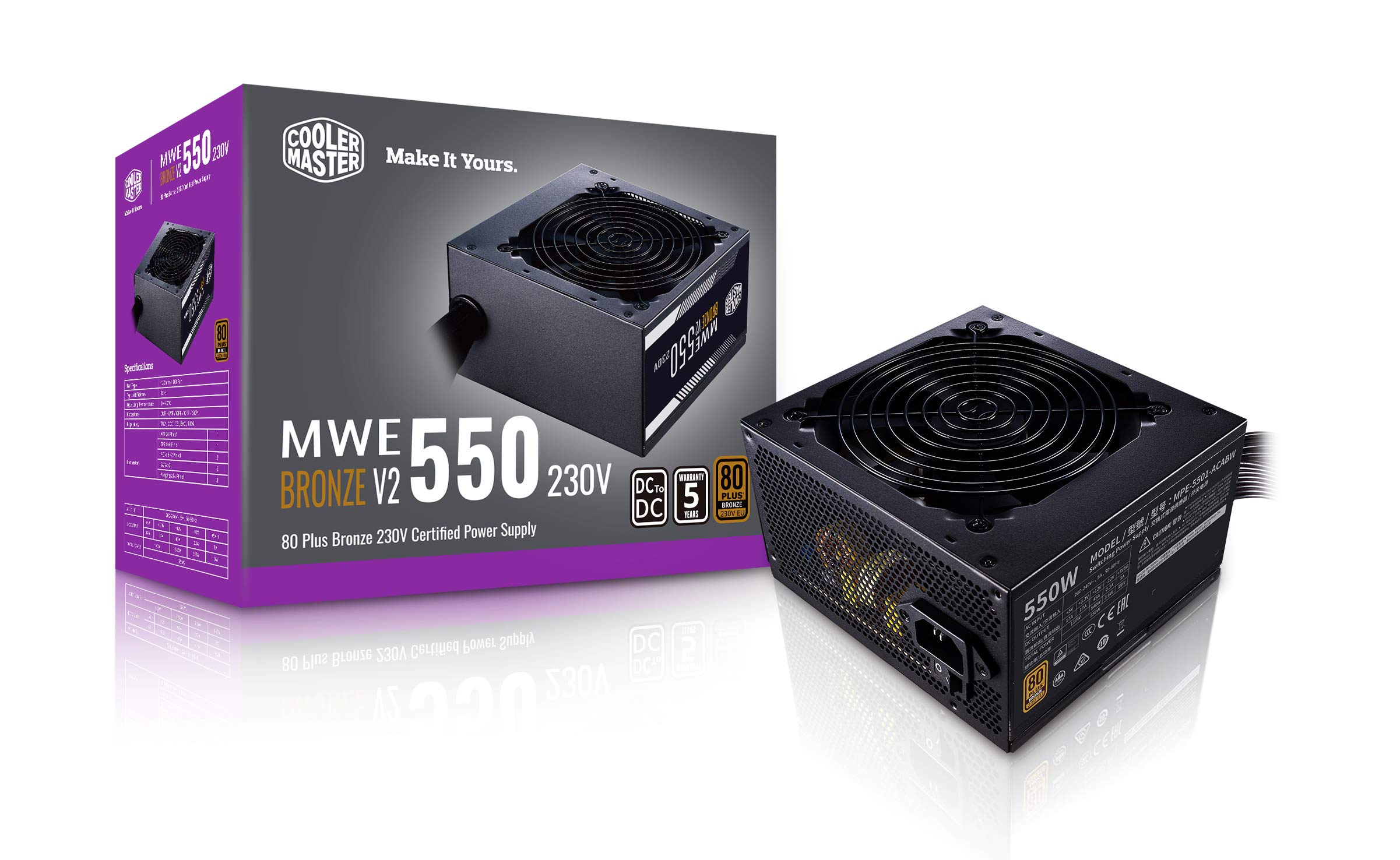 Cooler Master MWE 550 Bronze V2 Power Supply - Non-Modular | 80 Plus Bronze Certified | 120mm HDB Fan | DC-to-DC Circuit Design | ATX 2.52 Version | 550 Watt