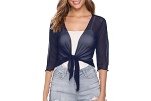 Gyabnw Boléro Femme Chic et Élégante Boléro Femme 3/4 Manches Côtelée Été Élégant Veste Court Boléro Robe Cardigan Ouverte Devant Cardigan Transparent Léger Adapté aux Voyages et À La Vie Quotidienne