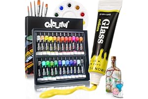 COLORFUL Glass Paint Set with 6 Nylon Brushes, 1 Palette, 24 Colors Waterproof Acrylic Glaze for Kids to Create Art on Clear Wine Glasses, Bulbs, Porcelain, Windows and Ceramics