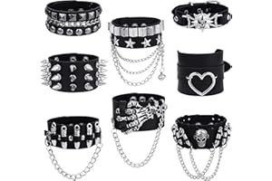 Kakonia Punk-Nieten-Armbänder für Männer und Frauen, schwarzes Gothic-Leder, Spike-Schädel, Handnieten, Kettenmanschetten, verstellbare Gothic-Emo-Armbänder, Armband-Zubehör