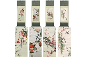 Valart Silk Scroll Painting Asian Wall Decor 4 Pack Birds and Flowers Beautiful Chinese Art Wall Scroll Hanging Painting Scroll Oriental Decor 36.2x 12 in (4 Pack)