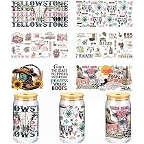 UV DTF Cup Aufkleber Set – 6 Cowboy-Designs Mit Transferwerkzeug Für 16 Oz Libbey Gläser