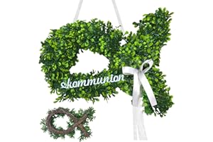SANLIUSANJIU Konfirmation Taufe Basteln Deko, Kommunion Eukalyptus Kranz, Künstlicher Eukalyptus Türkranz in Fischform, Erstkommunion Dekoration für Junge und Mädchen für Haustür, Wand, Fenster usw.