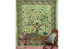 Popular Handicrafts Arazzo con albero della vita hippie bohémien psichedelico intricato disegno floreale indiano copriletto da appendere alla parete, 230 x 215 cm, verde