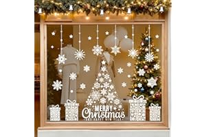 GAEEP Christmas Window Stickers Large,129 Pcs White Xmas Window Clings Reusable,Double Sided Big Windows Decals Xmas Scene for Shop Office Classroom Decorations with Tree Gift Snowflake for Glass Door Decs