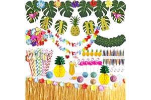 Hutato Hawaii Party Dekoration Set,114 Stück Luau Grass Tischrock Palmblätter, Hawaiian Blumen,Aloha Banner,ObstStroh,Mehrfarbige Regenschirme für BBQ Garden Sommer Tiki Tropischen Beach Deko