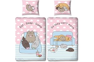 BERONAGE Pusheen Biancheria da letto EatSleepGame Rosa Blu 135 x 200 + 80 x 80 cm, 100% cotone renforcé di qualità Pip Stormy Sloth Cheek Sweet Cat Cat Biancheria da letto doubleface, 2 motivi completi