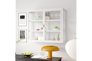 CELYA Retro Wave Glass Door Wall Cabinet with Removable Shelves, Suitable for Offices, Dining Rooms, Living Rooms, Kitchens and Bathrooms (A1-White)