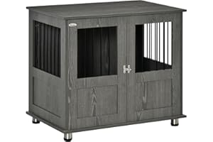 PawHut Dog Crate Furniture End Table, Pet Kennel for Small and Medium Dogs with Magnetic Door Indoor Animal Cage, Grey, 85 x 55 x 75 cm