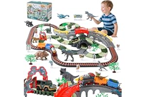 LTFIOON Dinosaurio Juguetes Pista de Carreras, 259 Piezas Pista de Coches para Niños, Tren electrico Juguete niños, Vías de Tren Flexibles, Circuito Coches Navideños Regalos 3 4 5 6 7 8 Años
