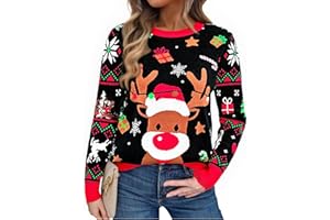 Litherday Jersey Navidad Mujer Divertido con Reno Regalos y Copos de Nieve Suéter Feo Navideño Ideal para Fiestas Tallas S‑XXL