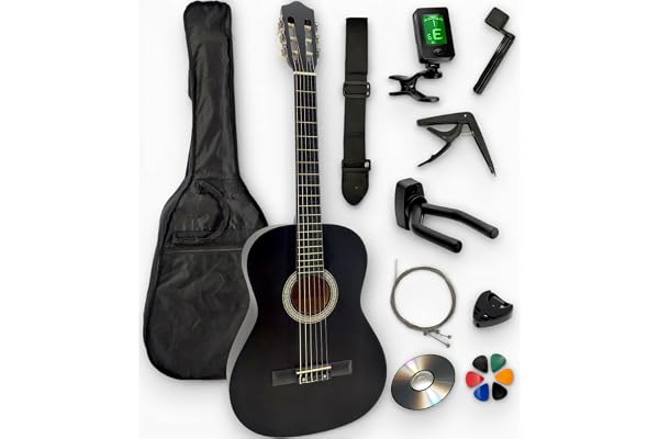 AMBRE - Pack Guitare Classique 4/4 Droitier + 10 Accessoires + CD & Cours Vidéo – Cordes Nylon, Livrée Accordée – Prime 24h (Noir, 4/4, Droitier)