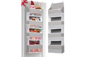 ULG Over Door Organizer with 4 Large Pockets 6 Mesh Side Pockets, 33 lbs Weight Capacity Hanging Storage Organizer with Clear Window for Bedroom Nursery, Baby Kids Toys, Shoes, Diapers, Grey