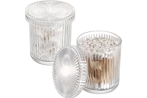OLegei Glass Cotton Ball and Swab Holder Organizer, Set of 2 Bathroom Glass Storage Jars with Lid, Q-tips Floss Dispenser, Vanity Makeup Accessories Storage Jar, Apothecary Storage Canister(Clear)
