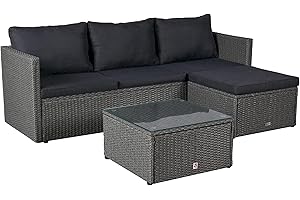 ‎LC GARDEN LC Garden Loungino Polyrattan Lounge grau-Mix für 3-4 Personen, Balkonmöbel Sitzgruppe mit Tisch + Hocker, Gartenlounge, Ecksofa für Balkon + Terrasse