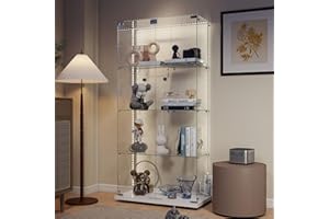 ‎APLANCEE Aplancee Glass Display Cabinet White with LED and Wheels 4-Tier 164 x 36.3 x 80.5 cm Frameless Full View Display Cabinet Height-Adjustable Glass Shelves - Display Cabinet for Living Room, Office
