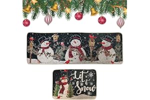 FILOEEX Christmas Kitchen Mat Set of 2,Non Slip Christmas Winter Snowman Kitchen Mats,Heavy Duty Xmas Kitchen Mats for Bedroom,Living Room,Hallway,Kitchen,16"x24"+16"x47" (Green)
