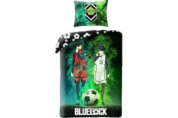 Halantex Blue Lock 2 figurer fotbolls-sängkläder av bomull – påslakan 140 x 200 cm och örngott 70 x 90 cm – flerfärgad