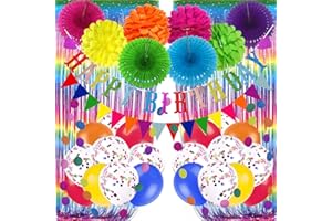Recosis Geburtstags Dekorationen, Mehrfarbig Party Dekorationen für Geburtstag Banner Vorhänge Papier Pompons und Fans Girlande Luftballons für Geburtstagsfeier Dekorationen