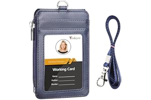 Teskyer Porte Badge, Porte Badge Tour de Cou, Porte Badge en Cuir PU avec Poche Zippée, Lanière en Nylon, 1 Fenêtre d'identification Transparente et 3 Emplacements, Bleu