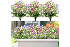 Garlag 8 Bundles Artificial Fake Flowers, 3 Colors Outdoor Faux Plastic Bouquet Shrubs Plants for Indoors Outdoor Hanging Basket Garden Window Box Wedding Party Decoration (Purple Fuchsia White)
