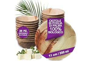 Waipur Ciotole in Foglia di Palma Ecologici - 25 Pz 11 cm / 200 ml - Stoviglie usa e getta Compostabili di Alta Qualità - Eleganti e Resistenti - Simile al Bambu - Ideale per Feste