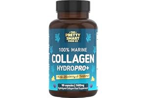 THE PRETTY SMART FOOD CO Marine Collagen Supplements For Women - with Hyaluronic Acid, Biotin, Blueberry & Vitamins - 1400MG - Pure Hydrolyzed Peptides - 45 Day Supply - 90 Capsules (not tablets) - UK Made - Pretty Smart Food