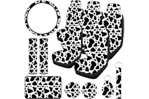 Frienda Cow Print Car Seat Covers Full Set for Women Men Cow Print Car Accessories Set Rubber Steering Wheel, Armrest Pad Cover Seat Belt Pads Wrist Holder Keychain
