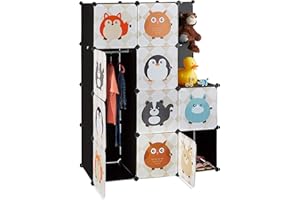 Relaxdays Scaffale Componibile per la Cameretta dei Bambini, Immagini di Animali, con Ante e Bastone Appendiabiti, Multicolore, HxLxP: 145 x 110,5 x 46,5 cm