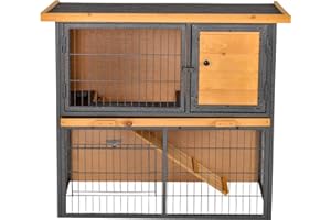 PawHut Gabbia per Conigli con Rampa e Area Aperta, Conigliera in Legno e Metallo su 2 Livelli, Giallo Chiaro, 89.5x45x81cm