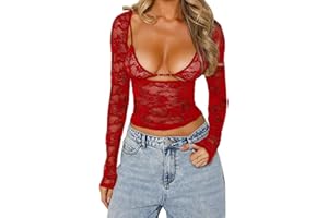 OZYILIAN Florales Damen-Spitzen-Top Y2K Rückenfreies Crop-Top Sexy Sheer See Through Shirt Slim Fit Ausgeh Tops