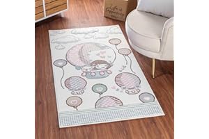 Surya Montgolfière Tapis Chambre Enfant Beige et Rose - Tapis Enfant Poil Court Coloré et Doux pour Chambres à Coucher, Salle de Jeu - Tapis Chambre Fille, Garçon, Bébé - Thème Animal, 160x213cm