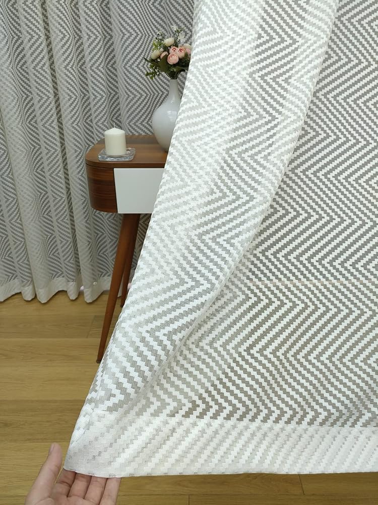 Geometrik Desenli Tül Perde Etek Katlamalı, 150x260, Seyrek Pile, 1/2
