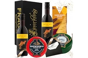 SPARKLING DIRECT Red Wine and Cheese Gift Set – 2 Mini Bottles of Australian Shiraz (187ml) with Snowdonia Cheese & Biscuits in a Black Hamper Box – Luxury Food & Drink Gift for Any Occasion