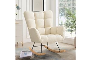 Ckaff Fauteuil à Bascule, Rocking Chair, Fauteuil Allaitement, Chaise à Bascule Scandinave en Matériau Sherpa avec Pieds en Bois pour Chambre d' Enfant Chambre à Coucher Salon Balcon, Blanc Ivoire