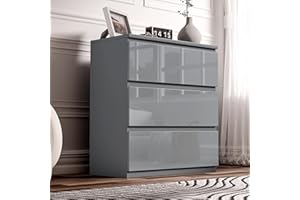 Blisswood High Gloss Chest of Drawer, 3 Drawer Bedroom Chest of Drawer Bedside Table Cabinet for Bedroom Living room Furniture, Grey, 70W x 40D x 77H cm