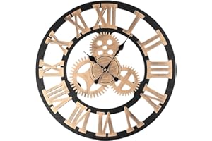 JF HOME BLISS Large Wall Clocks Roman Retro Gear Metal Wall Clock 23.6inch/60cm Vintage Round Roman Numerals Clocks for Home Decor Kitchen Living Room (Gold Gear)