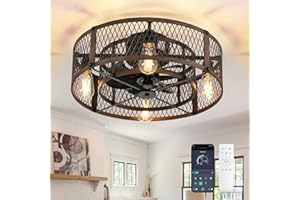 Depuley Ventilateur de plafond avec cage et éclairage: ventilateur de plafond en noyer de 20 pouces avec commande APP pour chambre à coucher - Ventilateur de cuisine de style fermier avec éclairage