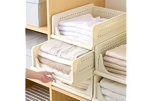 RMAN 3 pcs Organizador Armario Organizador Cajones Extraíbles de Plastico Apilable y Plegable Cajas que Ahorran un 80% de Espacio Almacenaje para Ropa Cocina Dormitorio Baño - Beige