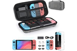 YK YOUNIK Younik Switch Case for Switch 2017, 14 in 1 Accesseries Kit with Switch Carrying Case, Screen Protector, Protective Covers, Thumb Grips Caps, Game Card Case and Type C cable (Gray, Button Pattern)