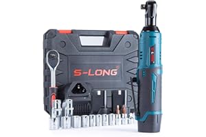 S-LONG Cordless Ratchet Wrench Set, 3/8" 400 RPM 40 Ft-lbs 12V Power Electric Ratchet Driver with 12 Sockets, Two 2000mAh Lithium-Ion Batteries and 60-Min Fast Charge