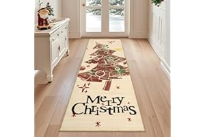 Geanup Weihnachtsteppich Läufer für Flur 60 x 180 cm, Beige Waschbar Weihnachtsbaum Küche Teppichläufer, Weicher Kurzflor Flurteppiche für Schlafzimmer Badezimmer Wohnzimmer Winterdekoration
