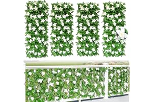 ZANKEOX 4PCS Expanding Garden Trellis Panels, 40x20cm to 28x200cm Expandable Garden Fence Screening with Artificial Ivy and White Orchid,Decorative Faux Ivy Leaf Privacy Screen Greenery Backdrop for Backyard