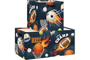 HUUMONSS 30cm Boîtes de Rangement Lot de 3 Sport Boule Livres Rangement de Vêtements pour Placard Étagères Coffre à Jouets Enfant Basketball Rugby Football Flamme