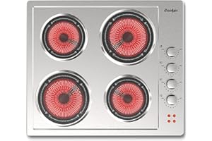 COOKSIR Piano cottura 4 piastre, piano cottura in vetroceramica con calore a infrarossi, piano cottura in acciaio inox, 59 cm, piano cottura autark, piano cottura in vetroceramica 4 piastre, manopole, senza