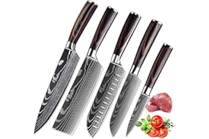 KEPEAK Couteau de Cuisine, Couteaux de Cuisine Tranchants en Acier Inoxydable Multi-tailles avec Poignée Confortable, Couteau de Chef Anti-rouille pour Cuisine/Restaurant (5pcs)