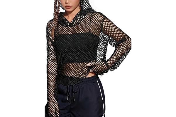 Avidlove Dam sexig nättopp meshnät topp långärmad huvtröja topp | Dragsko med huva, festivaloutfit, partyklubbtoppar, neonrave, klippta element, mångsidig skiktning
