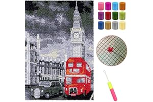 AMBATTERY Knüpfhaken Set London Big Ben Latch Hook Teppich Set Teppiche Knüpfen Kreuzstich Set für Kinder und Erwachsene Teppich machen Werkzeugkasten 20x15in