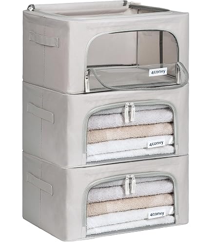 GoMaihe Lot de 3 sacs de rangement avec cadre en métal - 72 l - Empilables pour couettes, vêtements - Boîte de rangement pliable - Organiseur de garde-robe (gris, 24 l